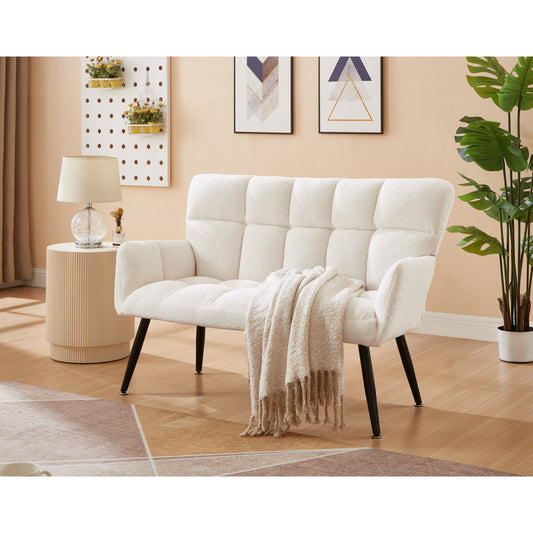 Canapé causeuse Teddy blanc 52 avec dossiers matelassés et cadre en bois dur pour le salon.