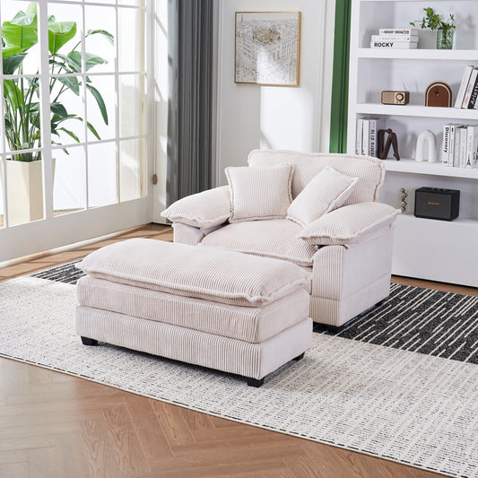 Canapé simple en velours côtelé blanc 59,3" avec 2 coussins décoratifs et pouf pour le salon