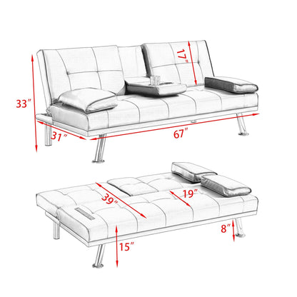 Canapé-lit causeuse en similicuir blanc 67 avec 2 porte-gobelets et pieds en acier inoxydable pour le salon