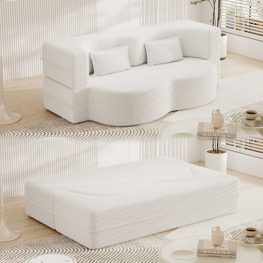 Canapé-lit convertible en tissu Teddy blanc 78 pouces, garni de mousse, avec 2 oreillers et matelas pliant, pour le salon