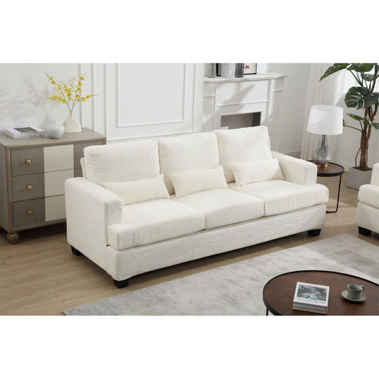 Canapé 3 places moderne en tissu blanc de 225 cm avec coussins de dossier amovibles et cadre en bois dur
