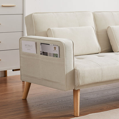 Canapé sectionnel 3 places en lin blanc de 94,5 po avec méridienne droite et sac de rangement