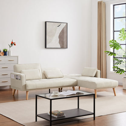 Canapé sectionnel 3 places en lin blanc de 94,5 po avec méridienne droite, coussins en mousse et sac de rangement