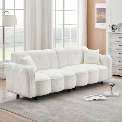 Canapé 3 places en peluche Teddy blanc 96.06, design nuage, avec assise en mousse épaisse et coussins pour le salon