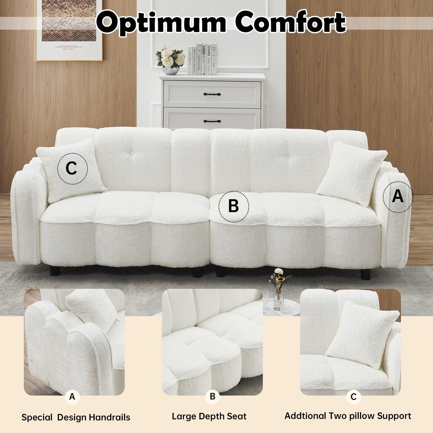 Canapé 3 places en peluche Teddy blanc 96.06, design nuage, avec assise en mousse épaisse et coussins pour le salon