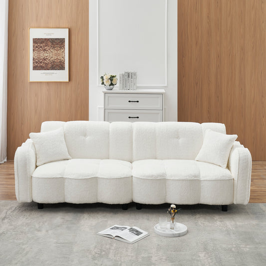 Canapé 3 places en peluche Teddy blanc 96.06, design nuage, avec assise en mousse épaisse et coussins pour le salon