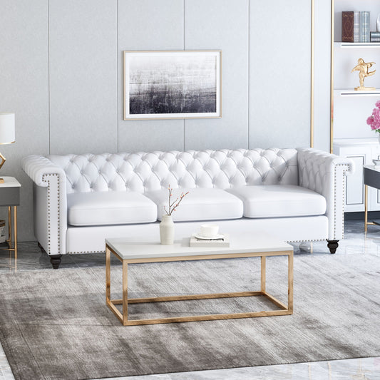 Canapé Chesterfield 3 places blanc avec capitonnage à boutons et clous décoratifs