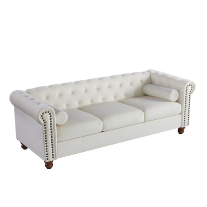 Canapé 3 places Chesterfield blanc capitonné de 74,5 pouces avec têtes de clous et coussins pour le salon
