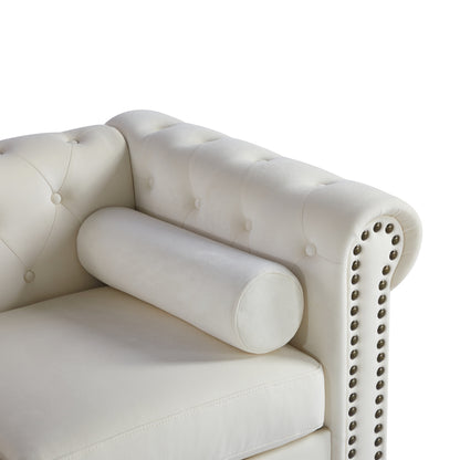 Canapé 3 places Chesterfield blanc capitonné de 74,5 pouces avec têtes de clous et coussins pour le salon