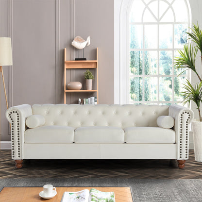 Canapé 3 places Chesterfield blanc capitonné de 74,5 pouces avec têtes de clous et coussins pour le salon