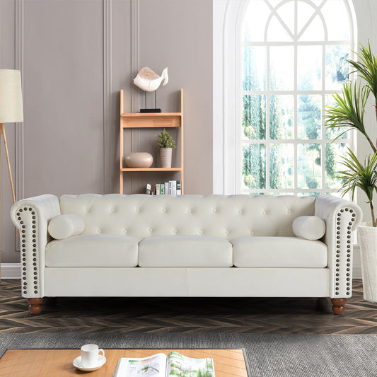 Canapé 3 places Chesterfield blanc capitonné de 74,5 pouces avec têtes de clous et coussins pour le salon