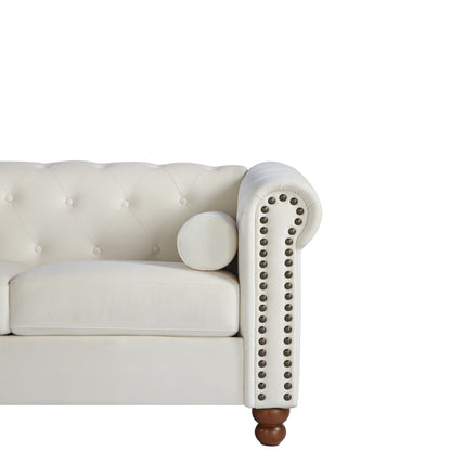 Canapé 3 places Chesterfield blanc capitonné de 74,5 pouces avec têtes de clous et coussins pour le salon