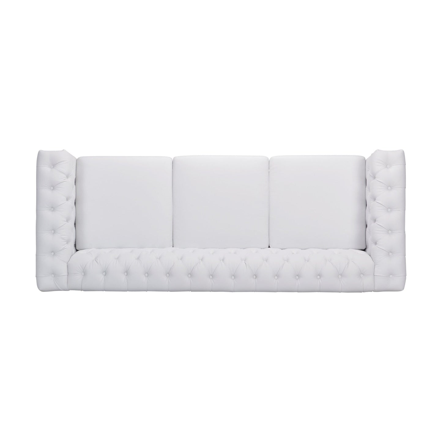 Canapé 3 places Chesterfield blanc capitonné à 83 boutons avec clous et pieds en bois pour le salon