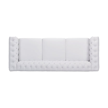Canapé 3 places Chesterfield blanc capitonné à 83 boutons avec clous et pieds en bois pour le salon