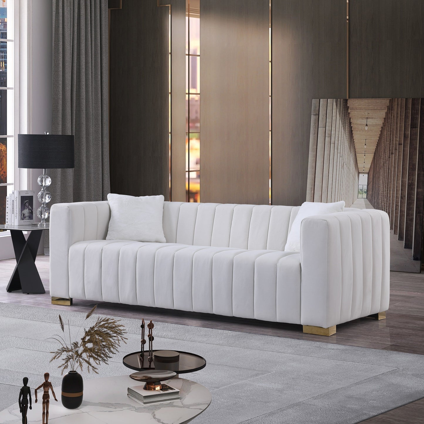 Canapé 3 places capitonné en velours blanc Chesterfield 87.01 avec coussins pour le salon