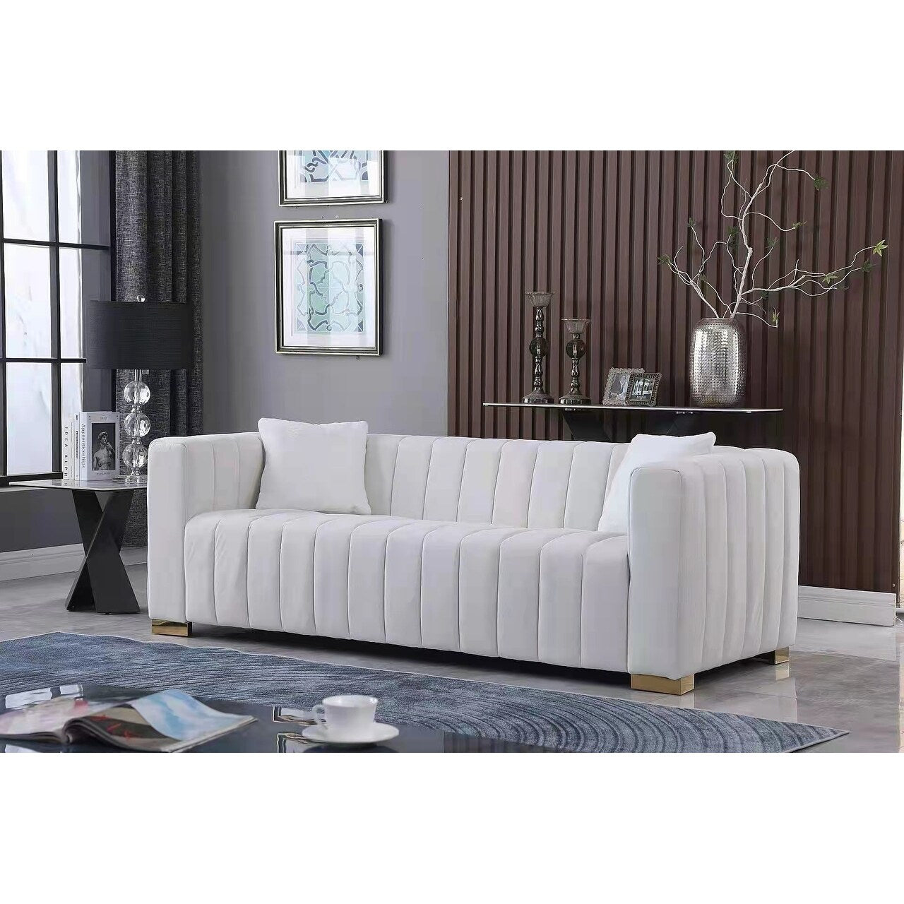 Canapé 3 places capitonné en velours blanc Chesterfield 87.01 avec coussins pour le salon