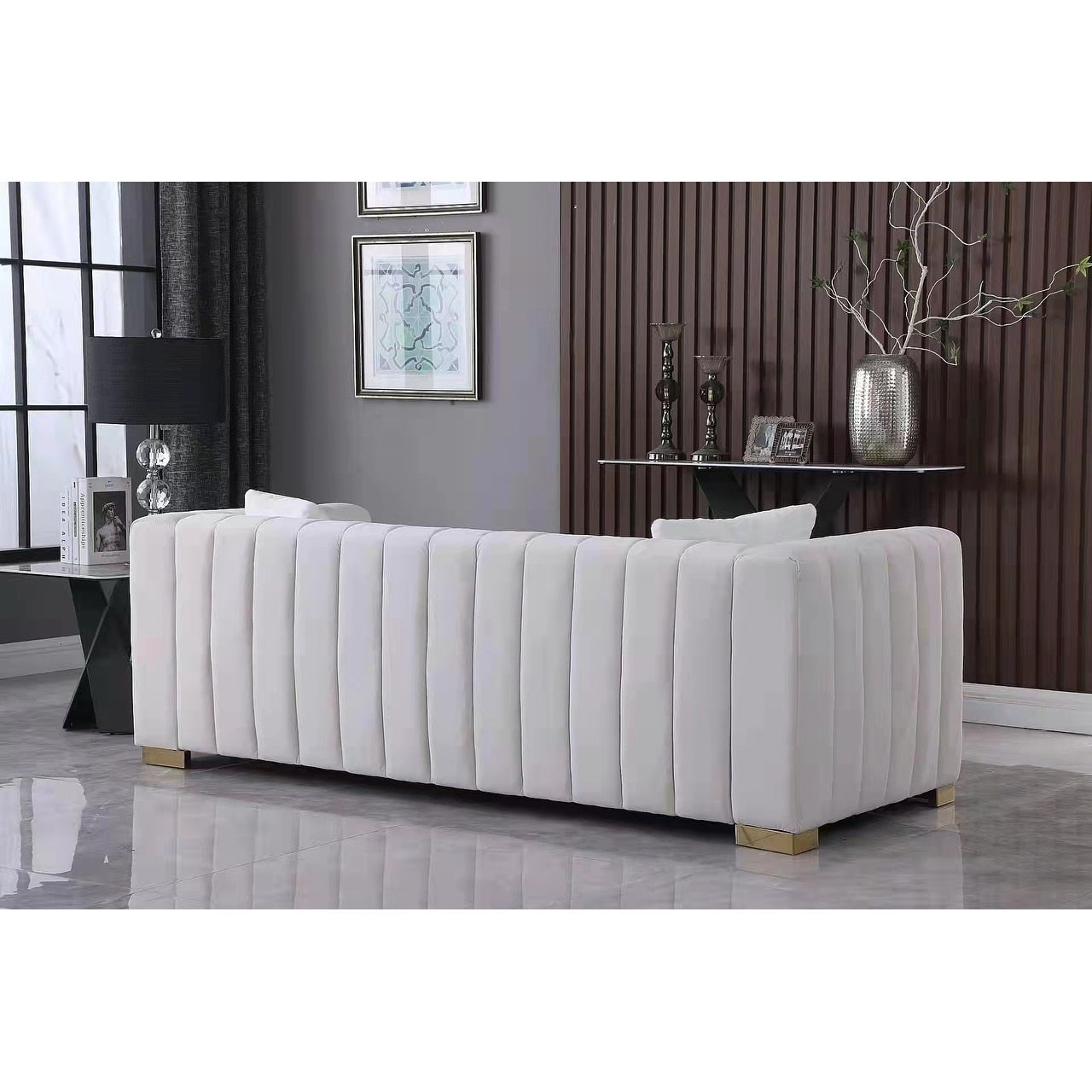 Canapé 3 places capitonné en velours blanc Chesterfield 87.01 avec coussins pour le salon