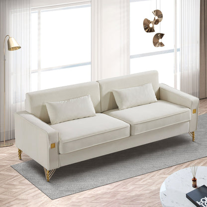 Canapé causeuse moderne blanc 85,44 po, rembourré en velours, avec pieds et coussins dorés, pour le salon