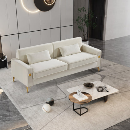 Canapé causeuse moderne blanc 85,44 po, rembourré en velours, avec pieds et coussins dorés, pour le salon