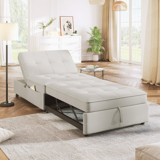 Canapé-lit ottoman 4 en 1 en lin blanc multifonction 72,5" avec poche de rangement et port USB pour le salon