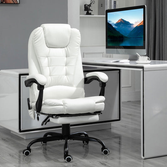Chaise de bureau en cuir PU blanc avec massage vibrant à 7 points, dossier haut, inclinaison réglable, soutien lombaire et repose-pieds