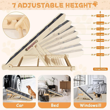 Wooden Dog Ramp Adjustable Folding Portable Pet Ramp with Sticky Roller - Natural - 41 x 15.7 x 4
