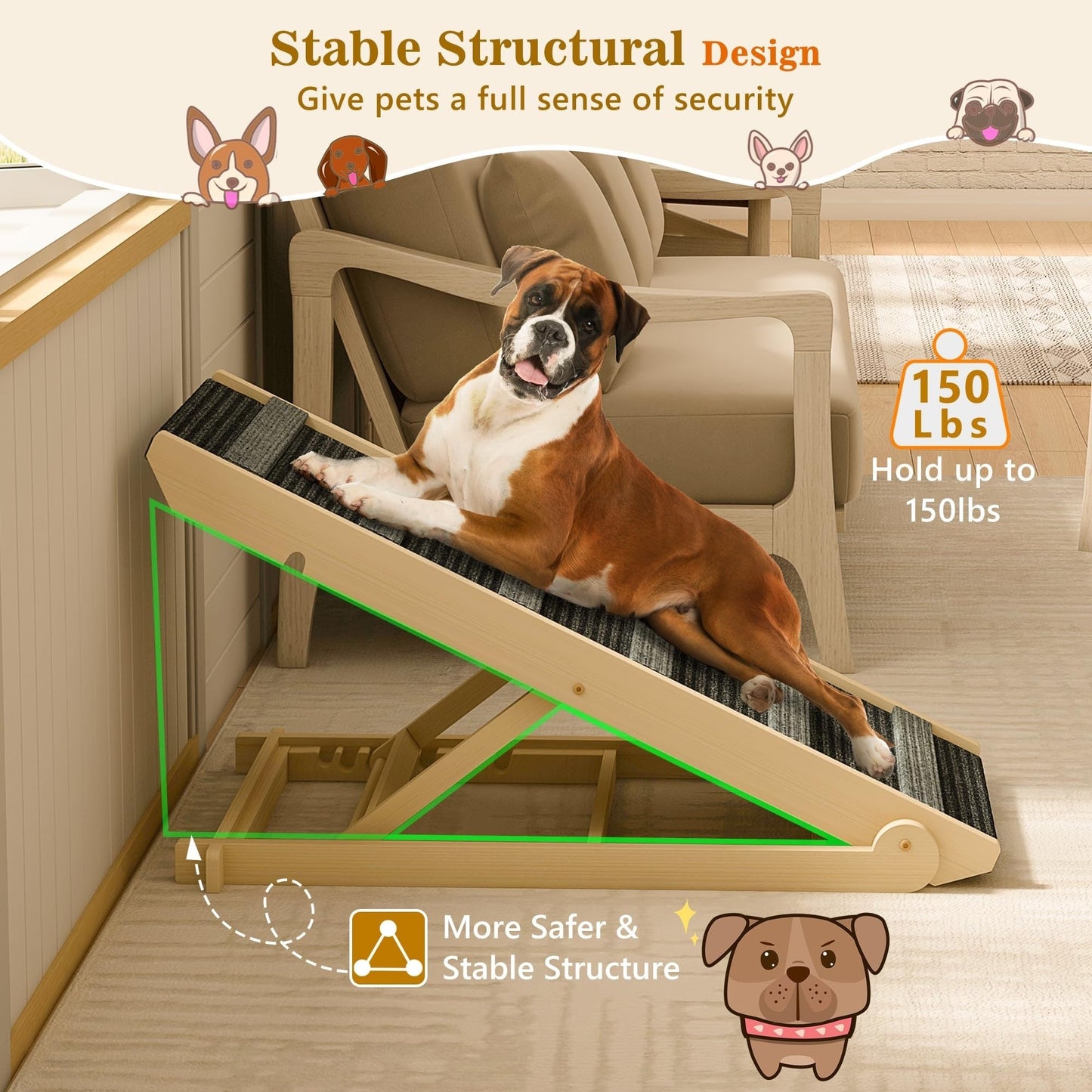 Wooden Dog Ramp Adjustable Folding Portable Pet Ramp with Sticky Roller - Natural - 41 x 15.7 x 4