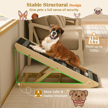 Wooden Dog Ramp Adjustable Folding Portable Pet Ramp with Sticky Roller - Natural - 41 x 15.7 x 4