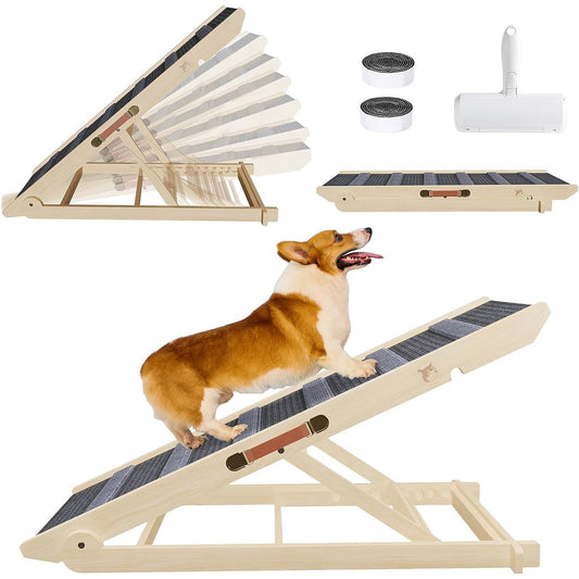 Wooden Dog Ramp Adjustable Folding Portable Pet Ramp with Sticky Roller - Natural - 41 x 15.7 x 4