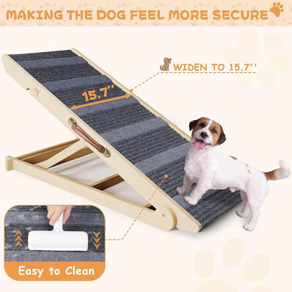 Wooden Dog Ramp Adjustable Folding Portable Pet Ramp with Sticky Roller - Natural - 41 x 15.7 x 4