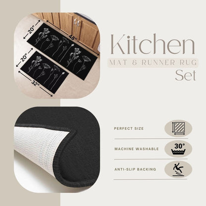 Wool Effect Wildflowers Kitchen Mat or Runner Rug