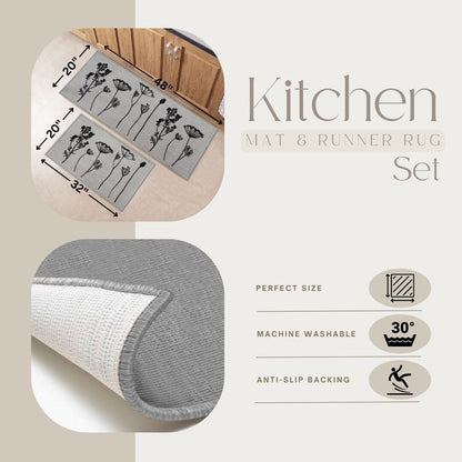 Wool Effect Wildflowers Kitchen Mat or Runner Rug